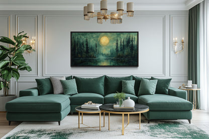 Emerald Green Lake, Forest Moon Vintage Framed Canvas Wall Art