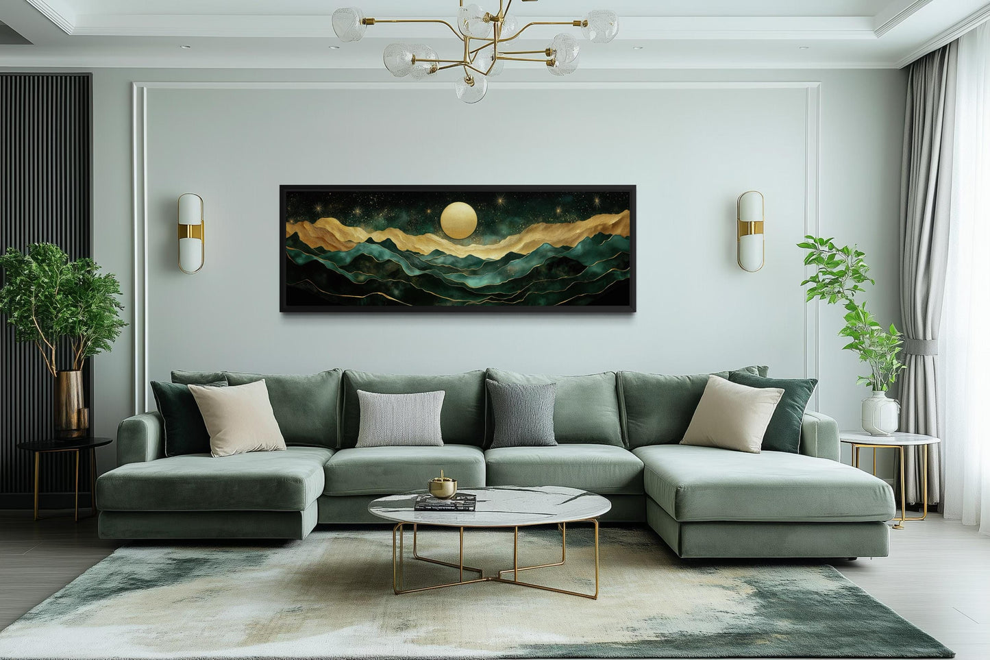 Emerald Green Long Narrow Wall Art | Gold Mountain And Moon Canvas - Panoramic Landscape Print