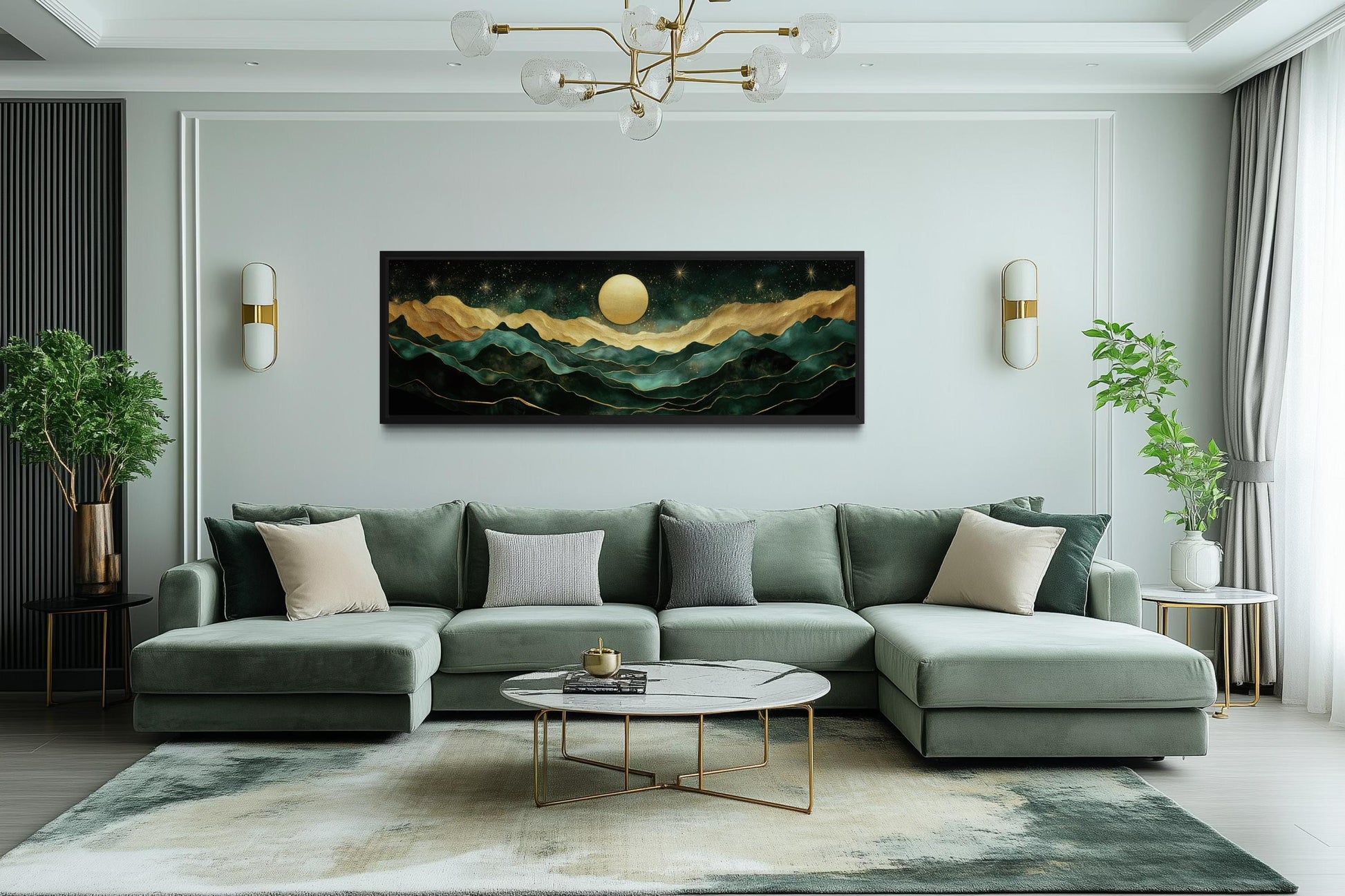 Emerald Green Long Narrow Wall Art | Gold Mountain And Moon Canvas - Panoramic Landscape Print