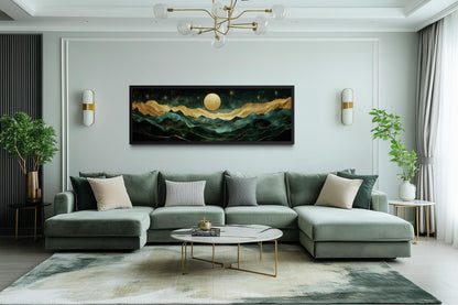 Emerald Green Long Narrow Wall Art | Gold Mountain And Moon Canvas - Panoramic Landscape Print