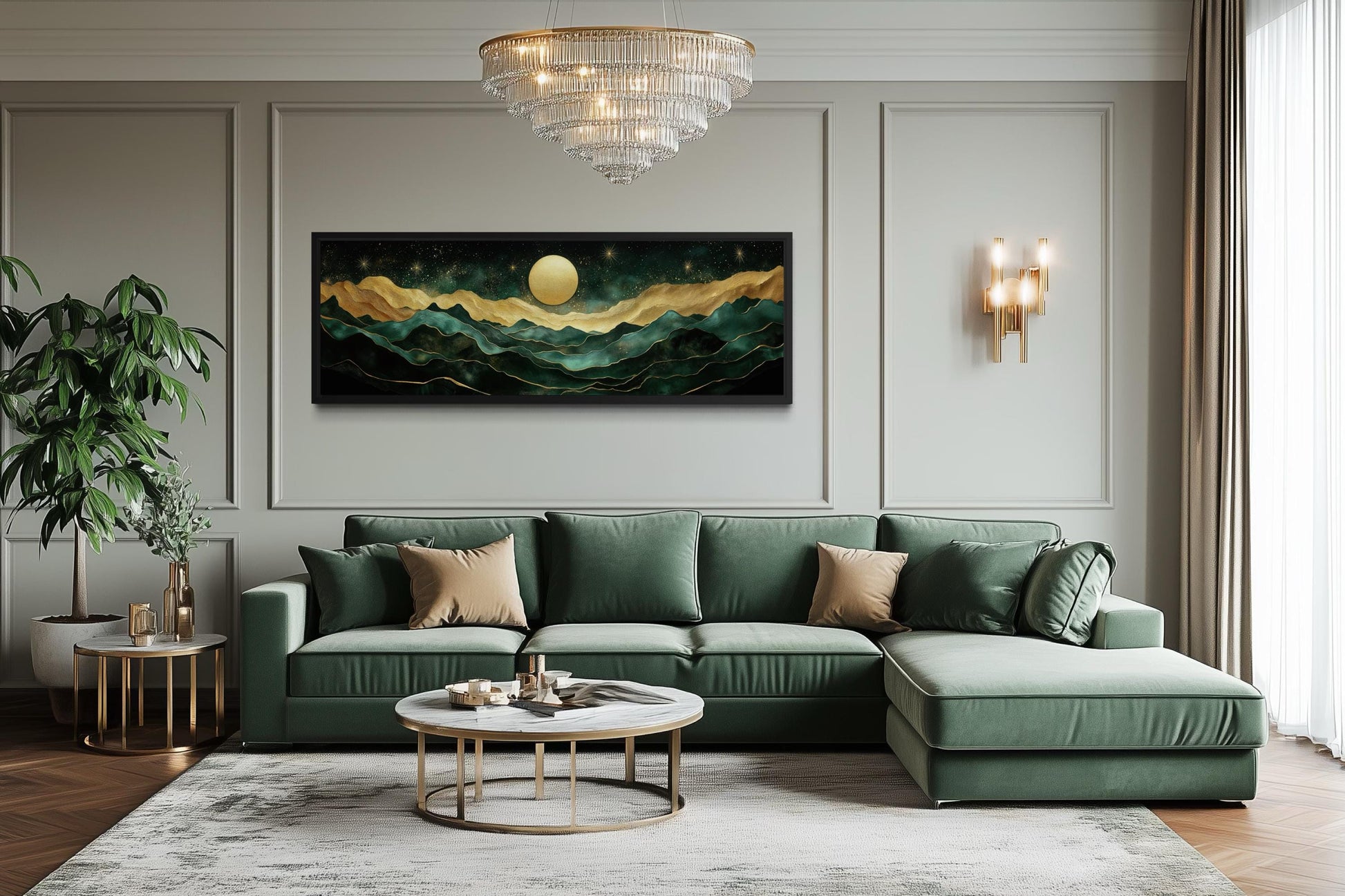 Emerald Green Long Narrow Wall Art | Gold Mountain And Moon Canvas - Panoramic Landscape Print