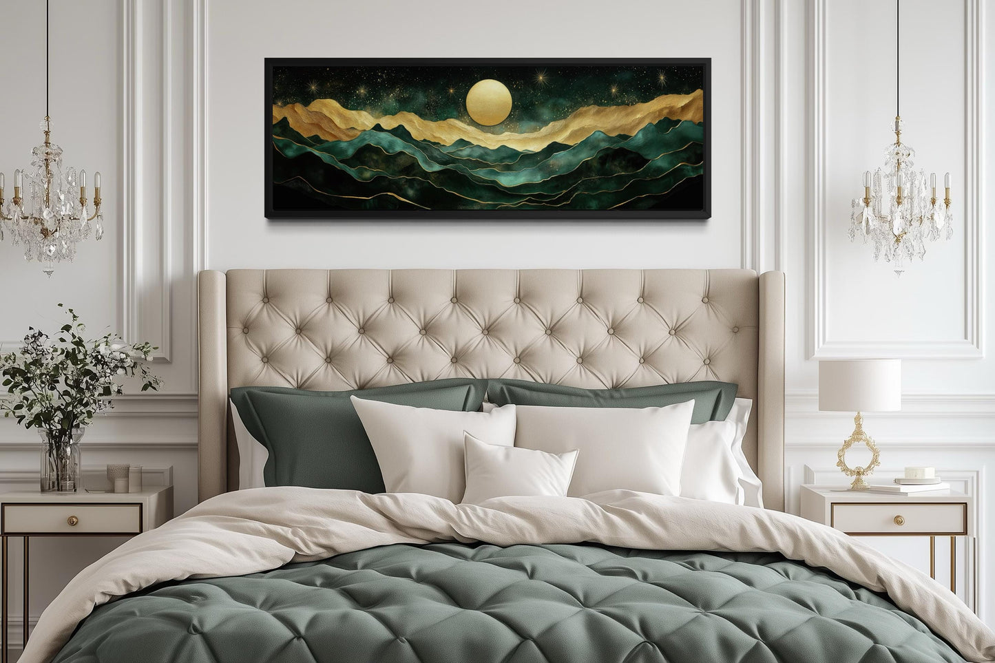 Emerald Green Long Narrow Wall Art | Gold Mountain And Moon Canvas - Panoramic Landscape Print