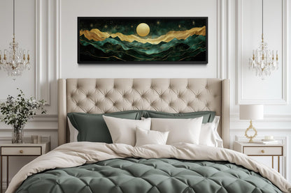 Emerald Green Long Narrow Wall Art | Gold Mountain And Moon Canvas - Panoramic Landscape Print