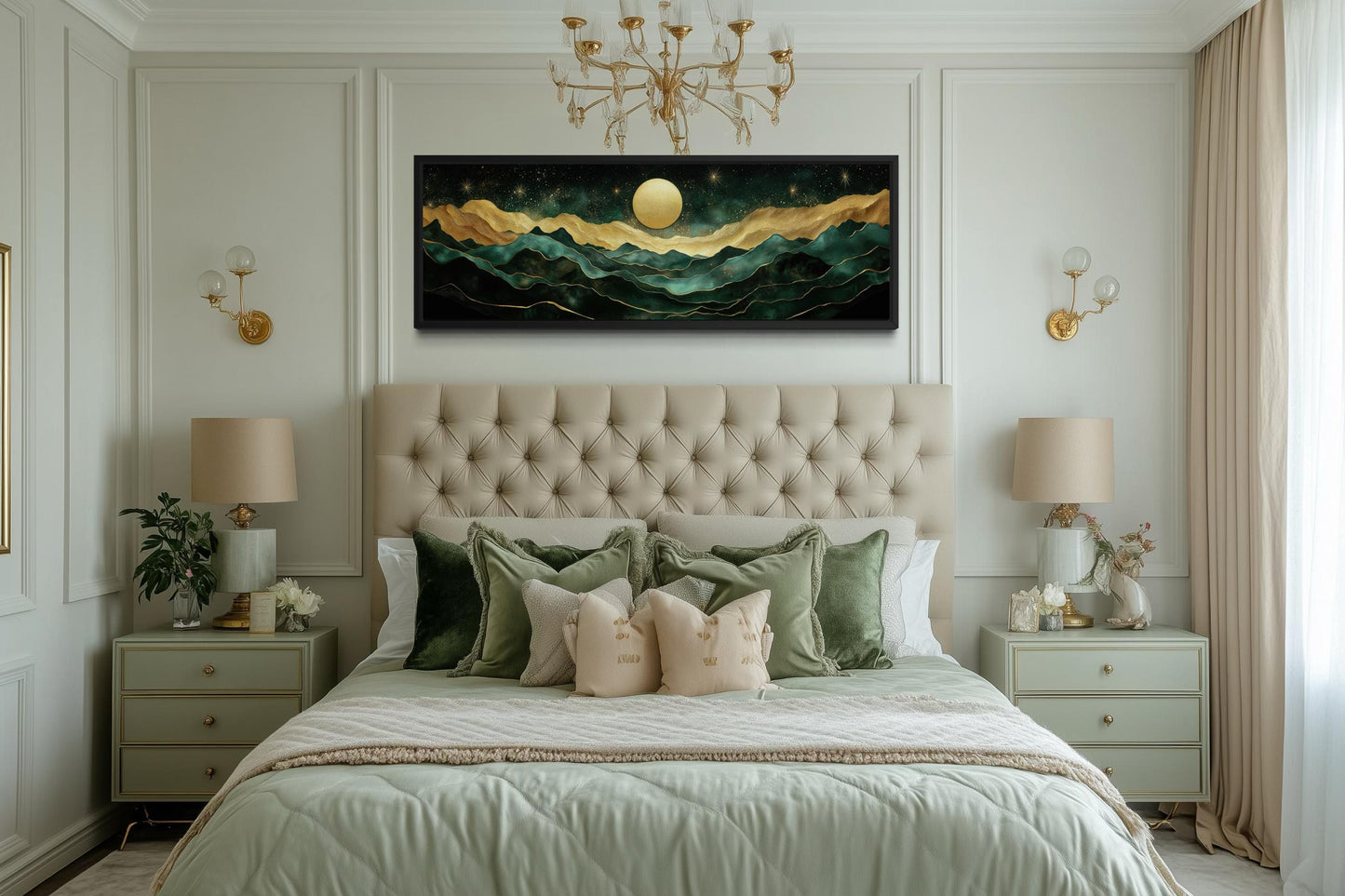 Emerald Green Long Narrow Wall Art | Gold Mountain And Moon Canvas - Panoramic Landscape Print