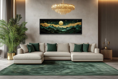 Emerald Green Long Narrow Wall Art | Gold Mountain And Moon Canvas - Panoramic Landscape Print
