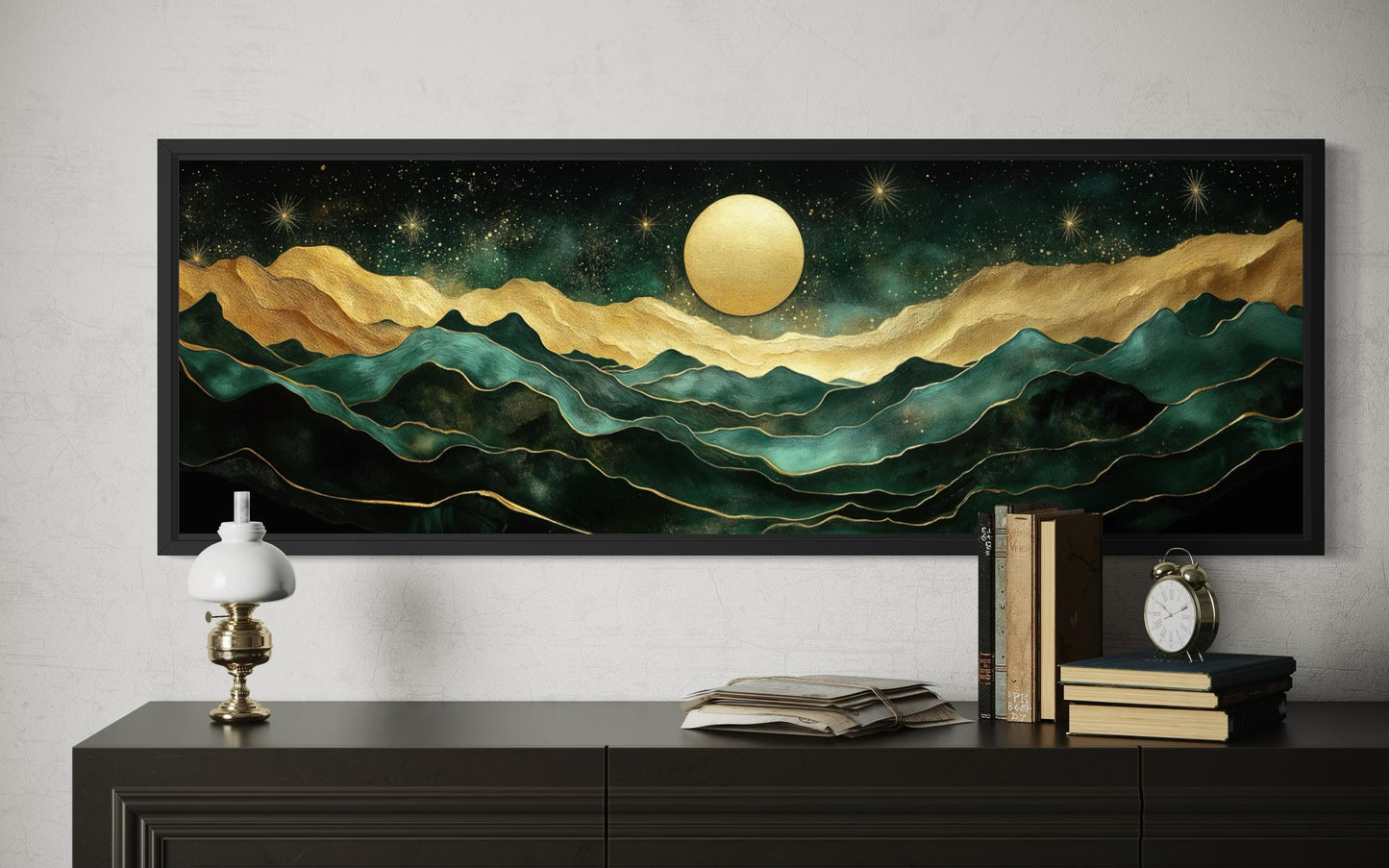 Emerald Green Long Narrow Wall Art | Gold Mountain And Moon Canvas - Panoramic Landscape Print
