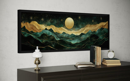 Emerald Green Long Narrow Wall Art | Gold Mountain And Moon Canvas - Panoramic Landscape Print