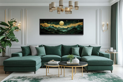 Emerald Green Long Narrow Wall Art | Gold Mountain And Moon Canvas - Panoramic Landscape Print