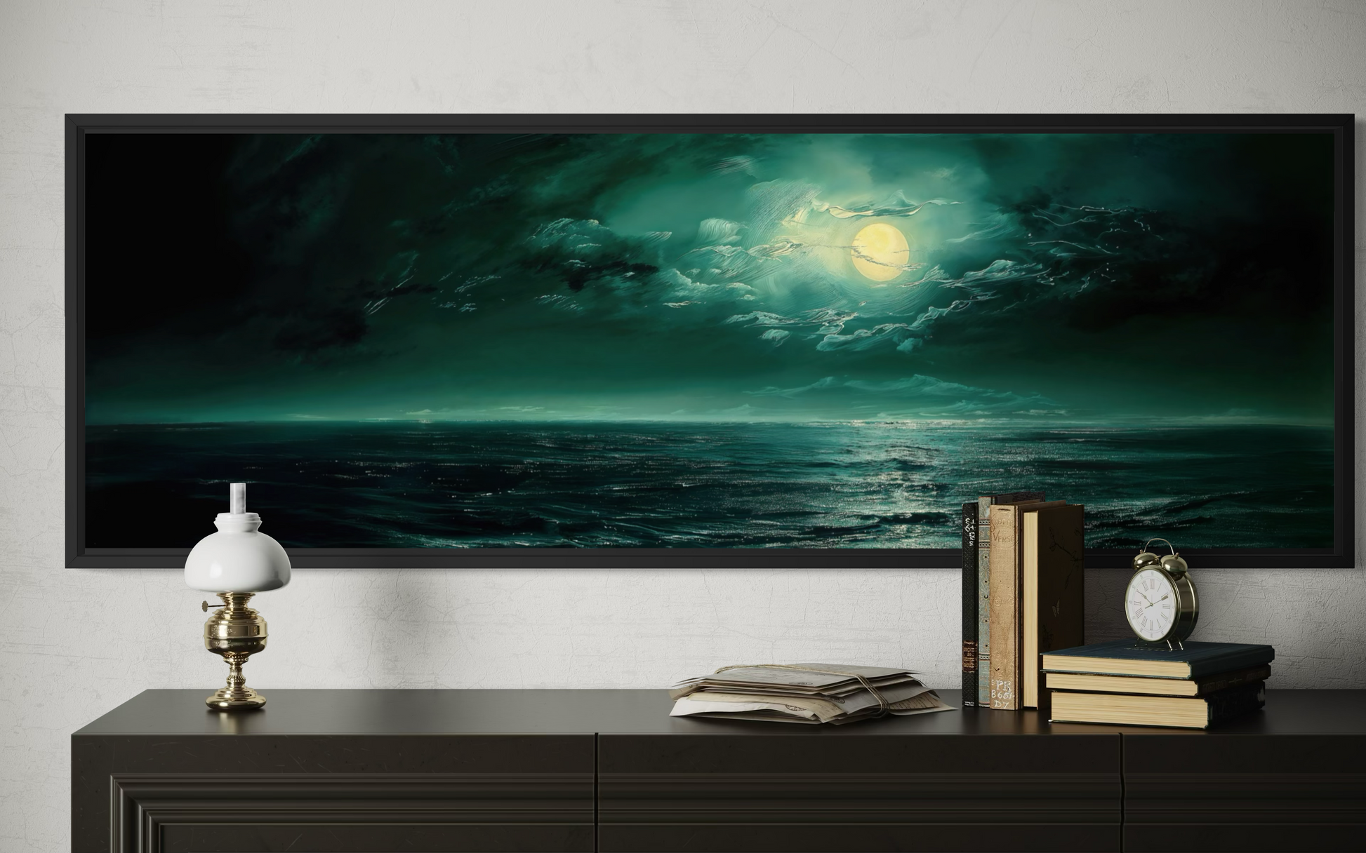 Emerald Green Ocean Seascape With Moon Over Bed Wall Art