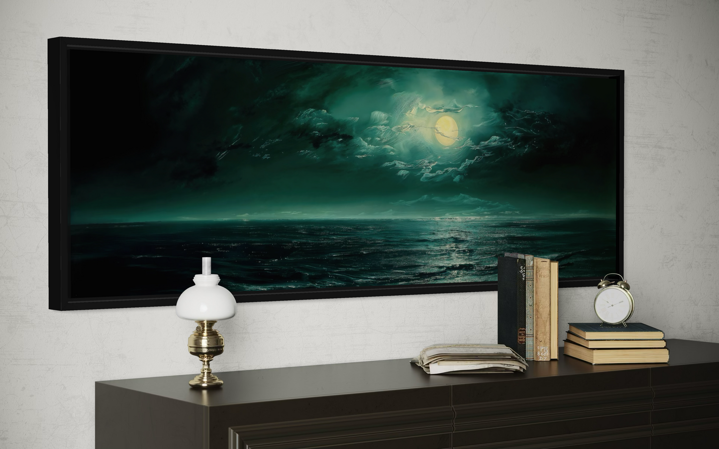 Emerald Green Ocean Seascape With Moon Over Bed Wall Art