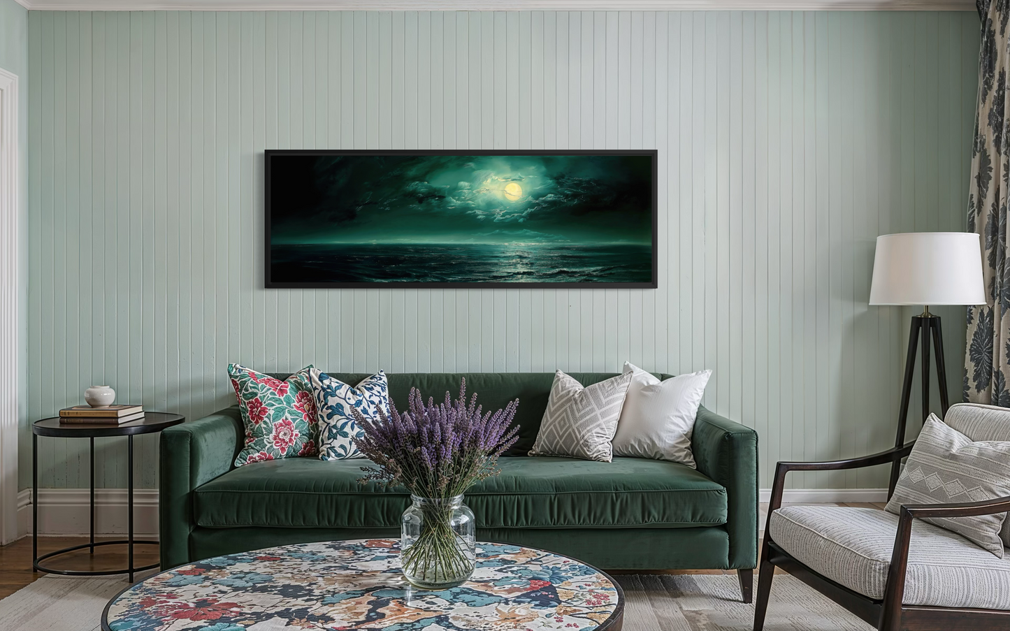 Emerald Green Ocean Seascape With Moon Over Bed Wall Art