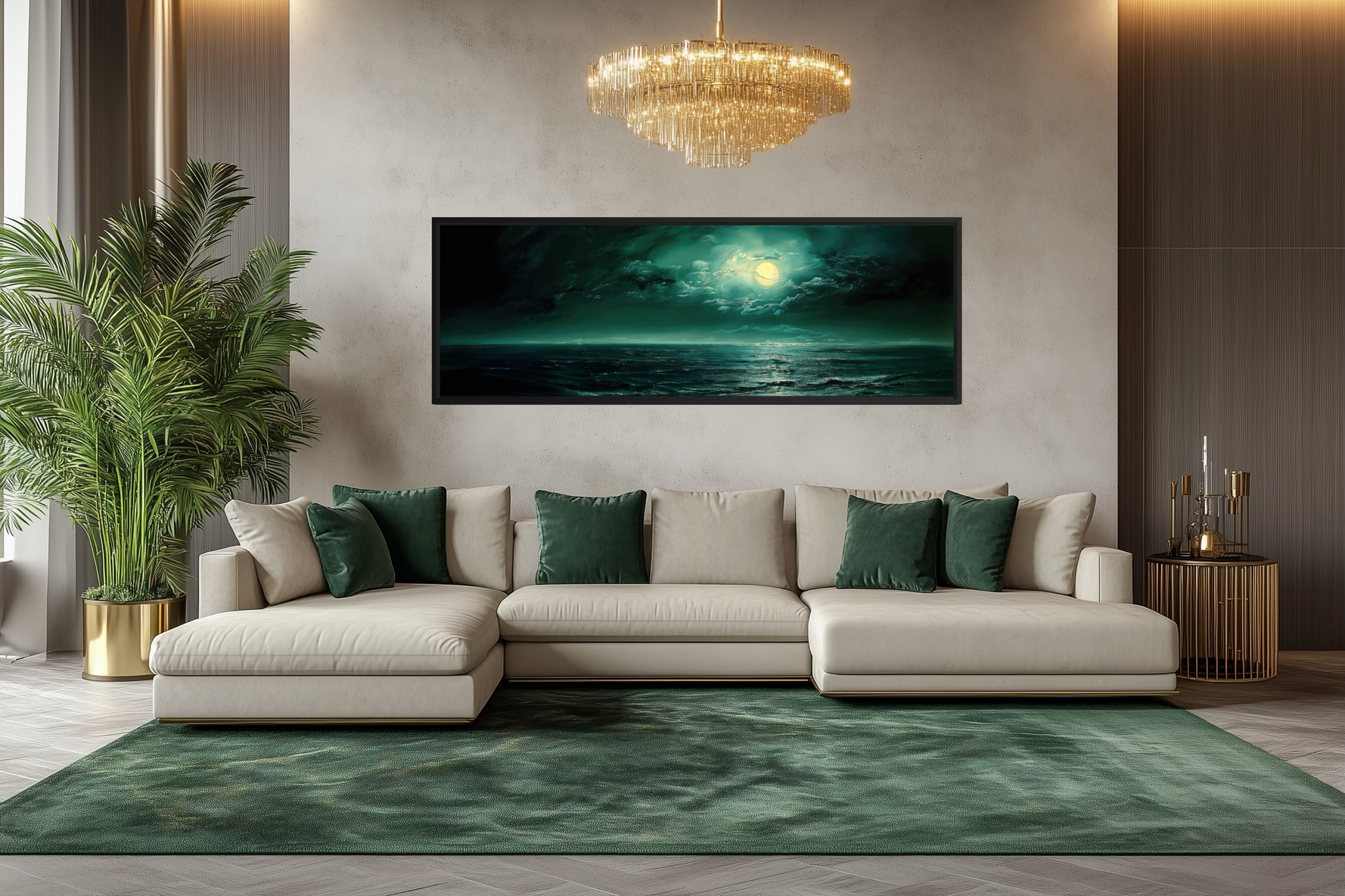 Emerald Green Ocean Seascape With Moon Over Bed Wall Art