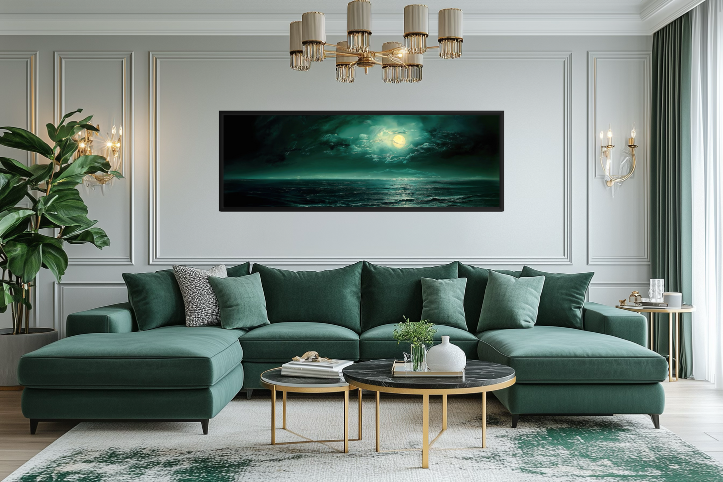 Emerald Green Ocean Seascape With Moon Over Bed Wall Art