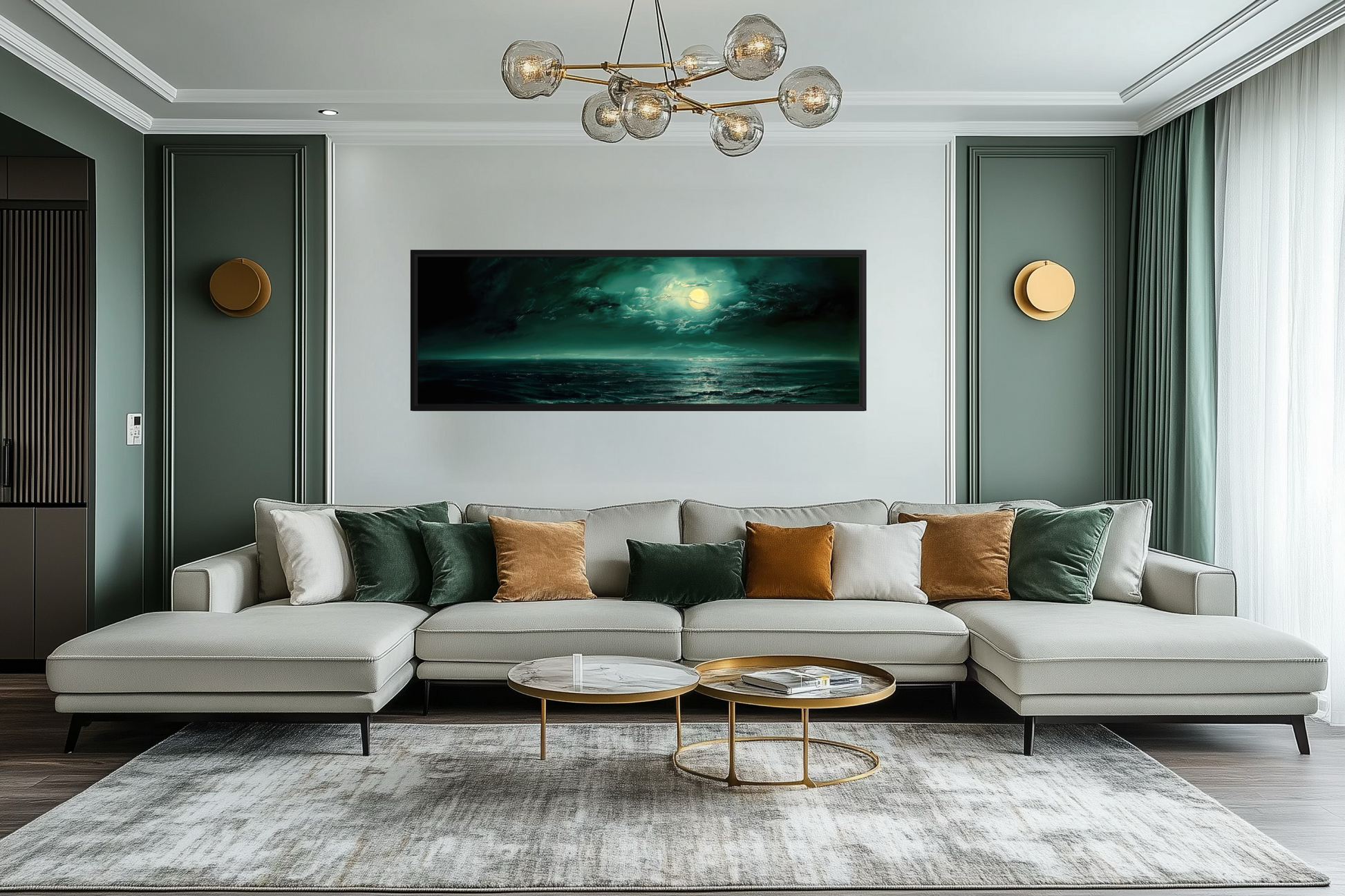 Emerald Green Ocean Seascape With Moon Over Bed Wall Art