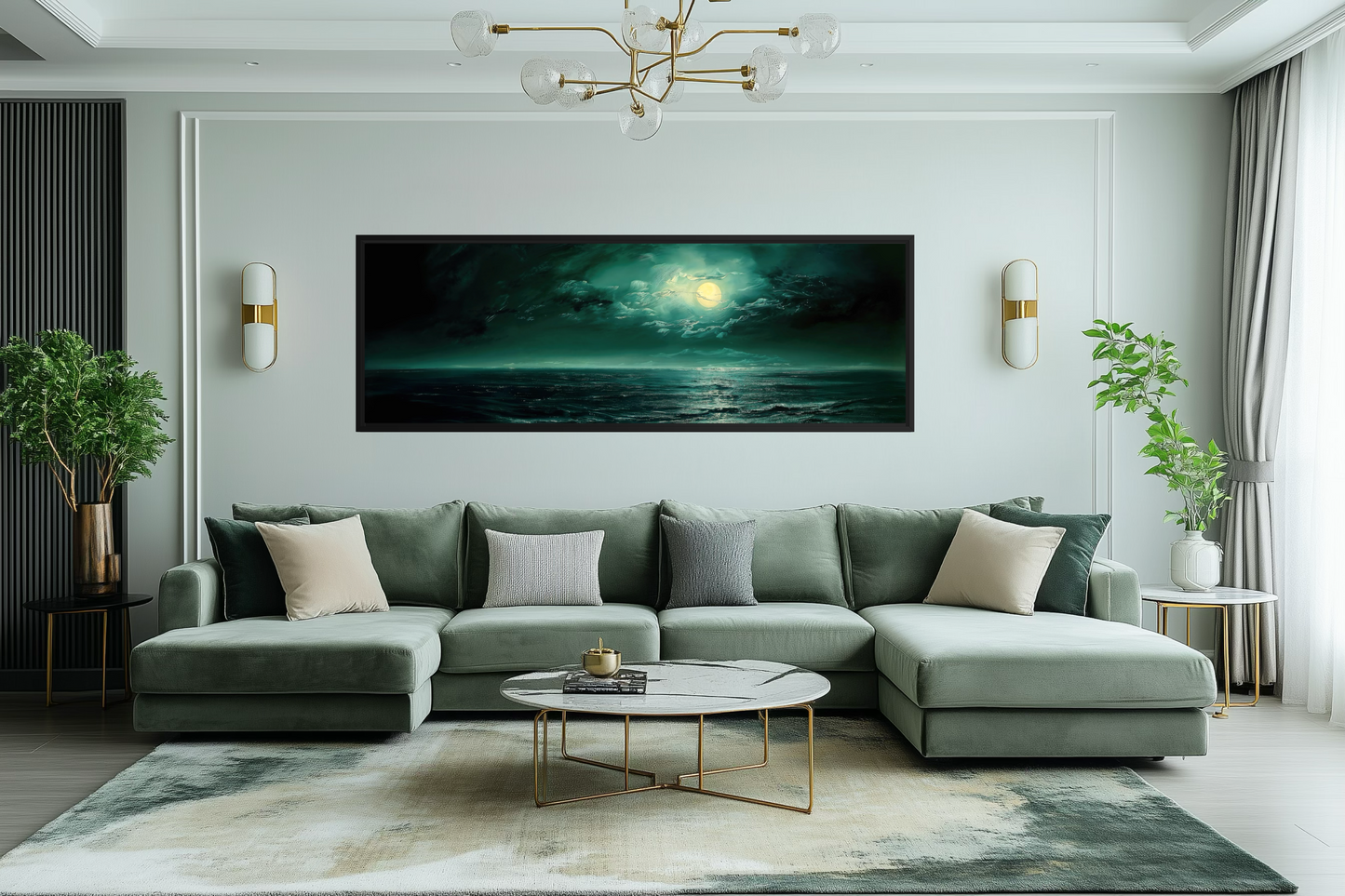 Emerald Green Ocean Seascape With Moon Over Bed Wall Art
