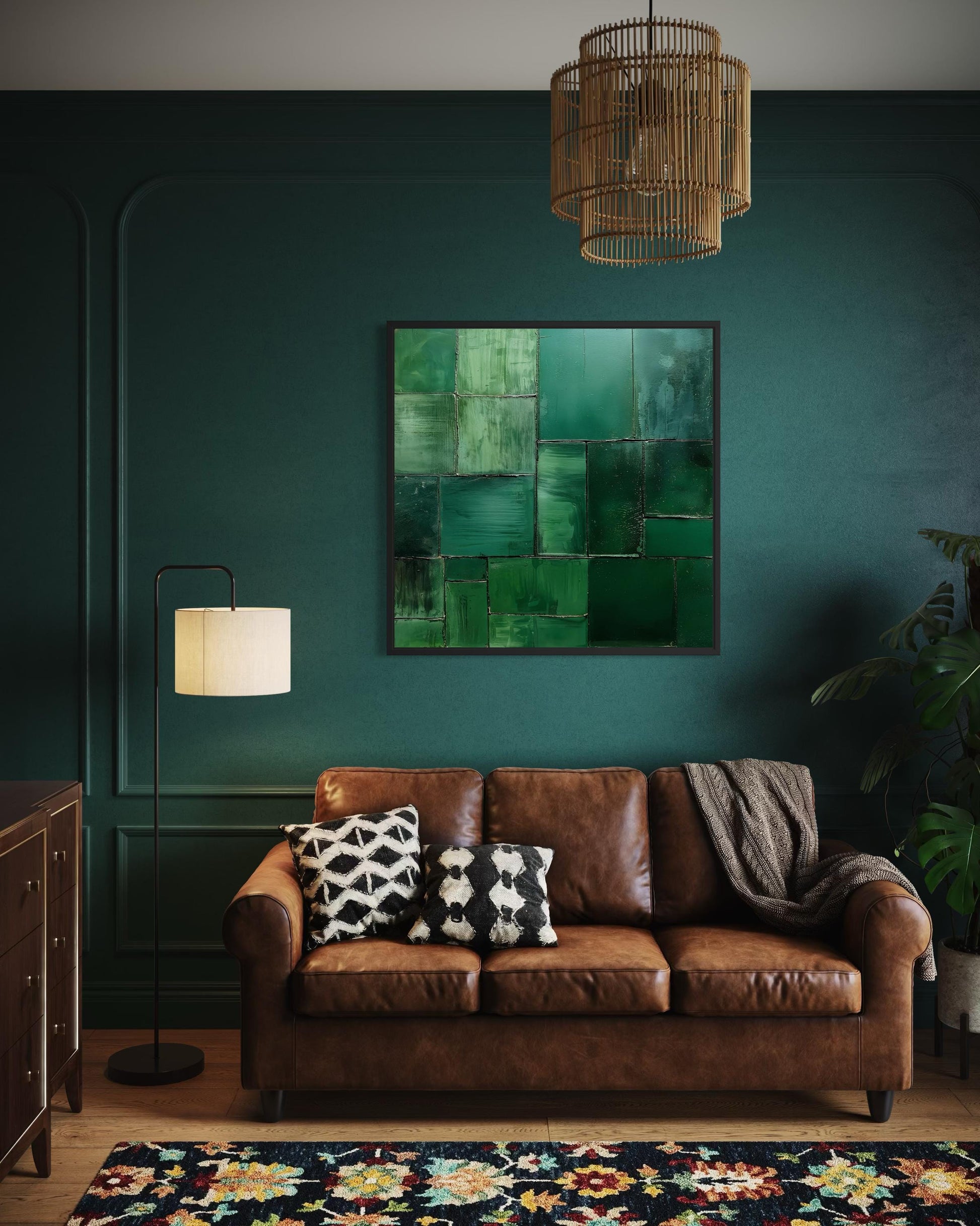 Emerald Green Wall Art - Modern Geometric Painting on Square Canvas Print