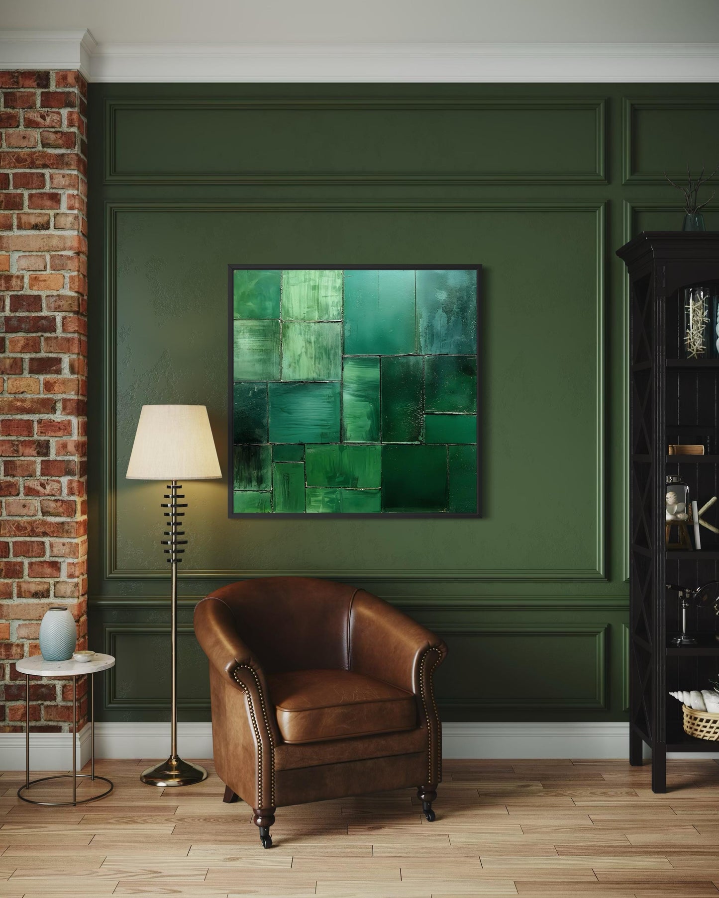 Emerald Green Wall Art - Modern Geometric Painting on Square Canvas Print