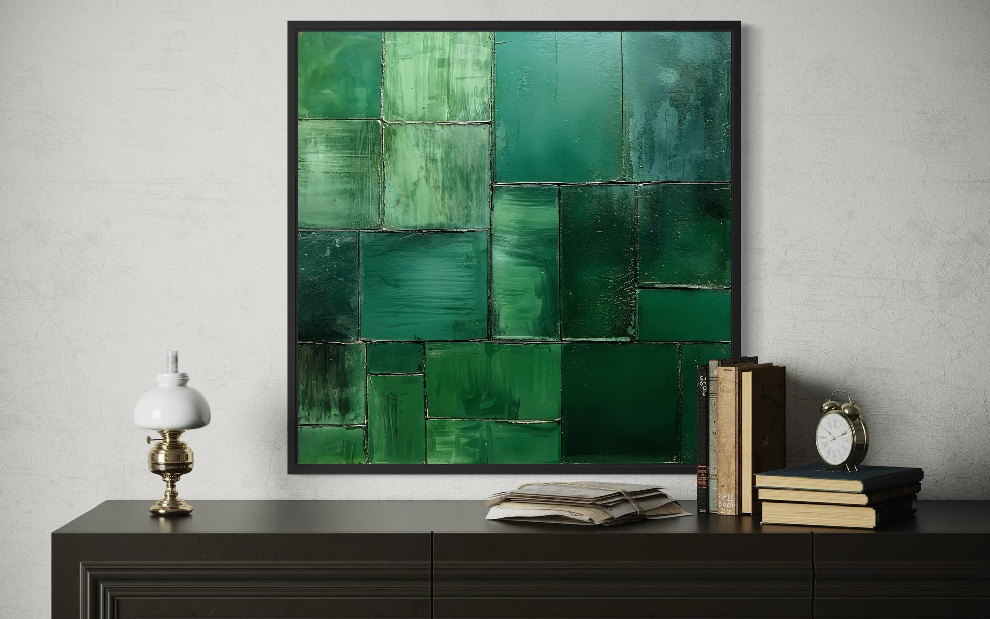 Emerald Green Wall Art - Modern Geometric Painting on Square Canvas Print