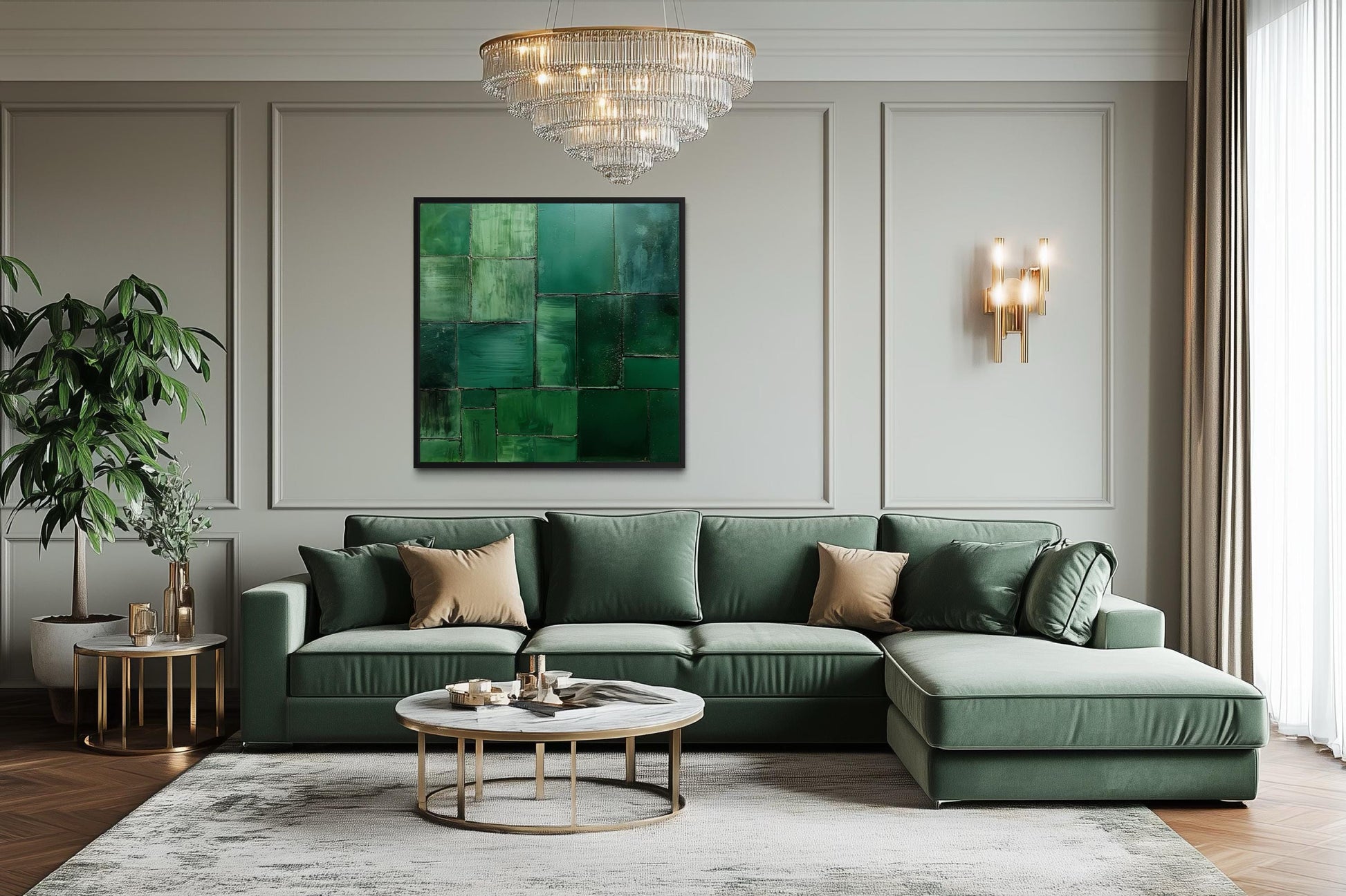Emerald Green Wall Art - Modern Geometric Painting on Square Canvas Print