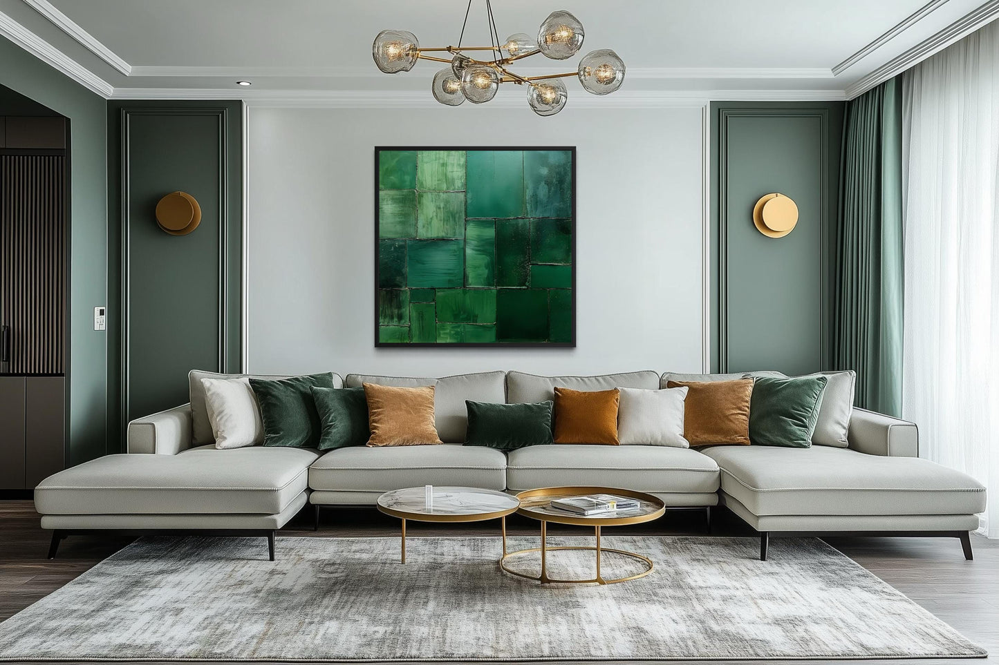 Emerald Green Wall Art - Modern Geometric Painting on Square Canvas Print