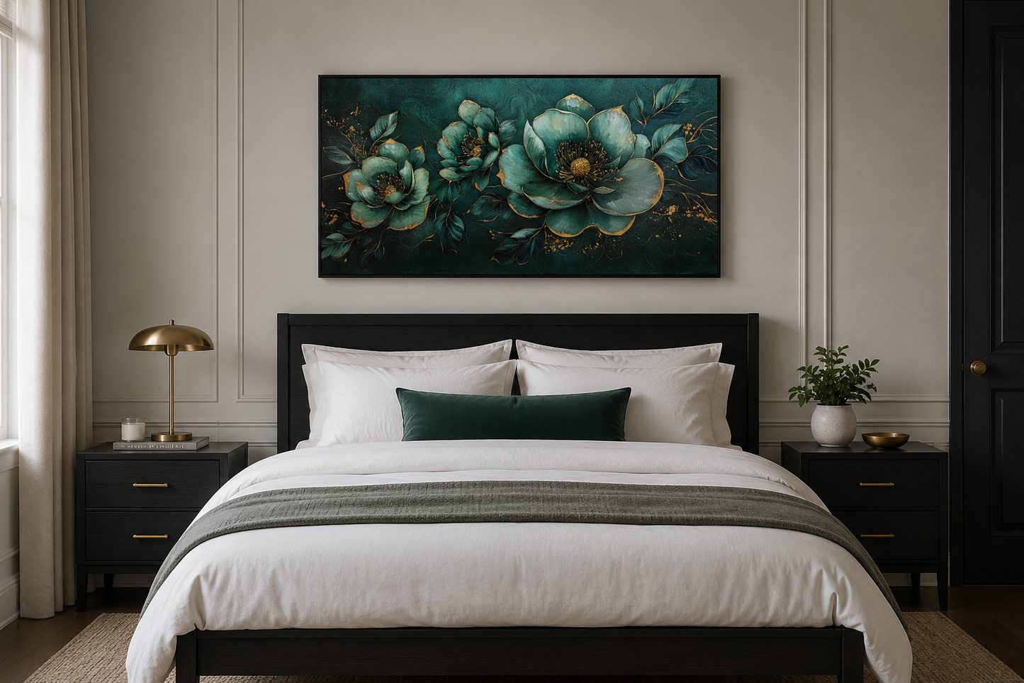 Art Nouveau Wall Art – Emerald Green Gold Floral Canvas Print for Decor