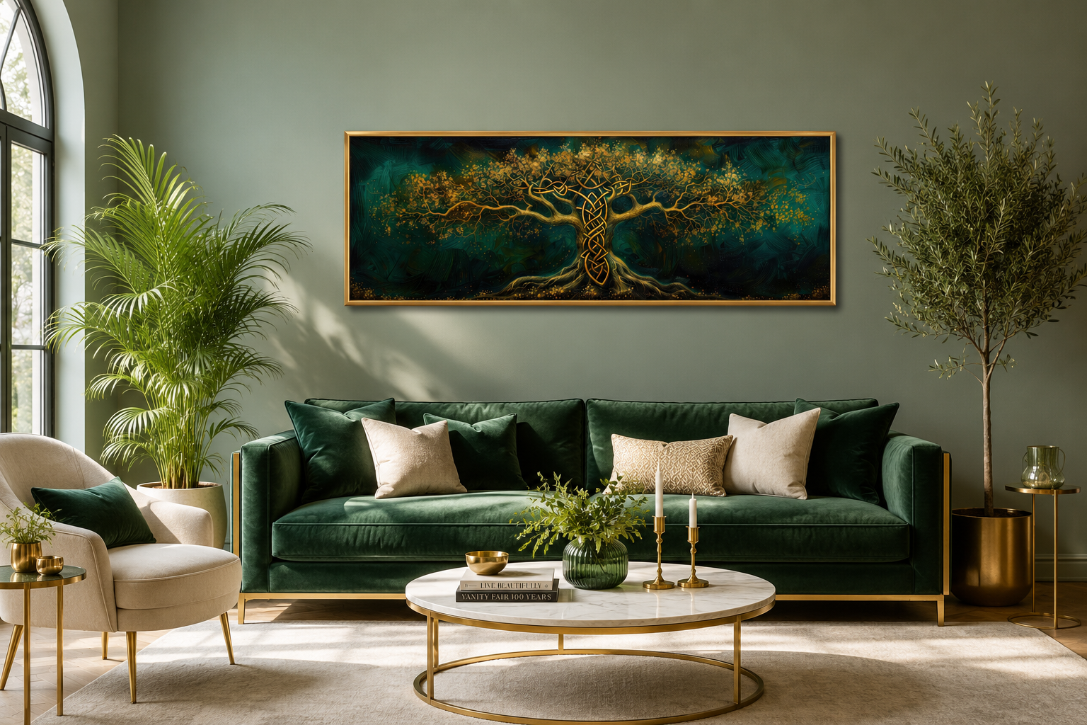 Emerald Green Gold Yggdrasil Tree Framed Canvas Wall Art