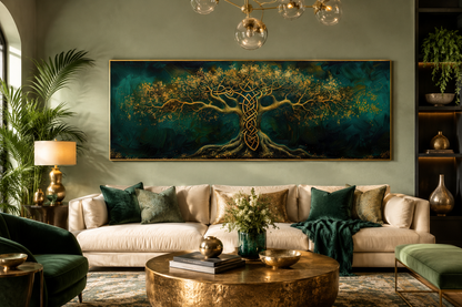 Emerald Green Gold Yggdrasil Tree Framed Canvas Wall Art
