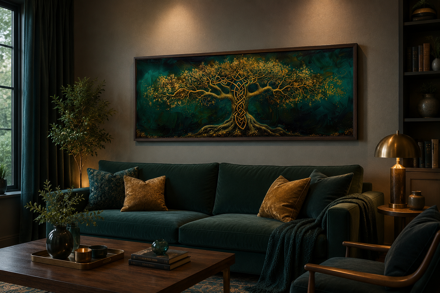 Emerald Green Gold Yggdrasil Tree Framed Canvas Wall Art