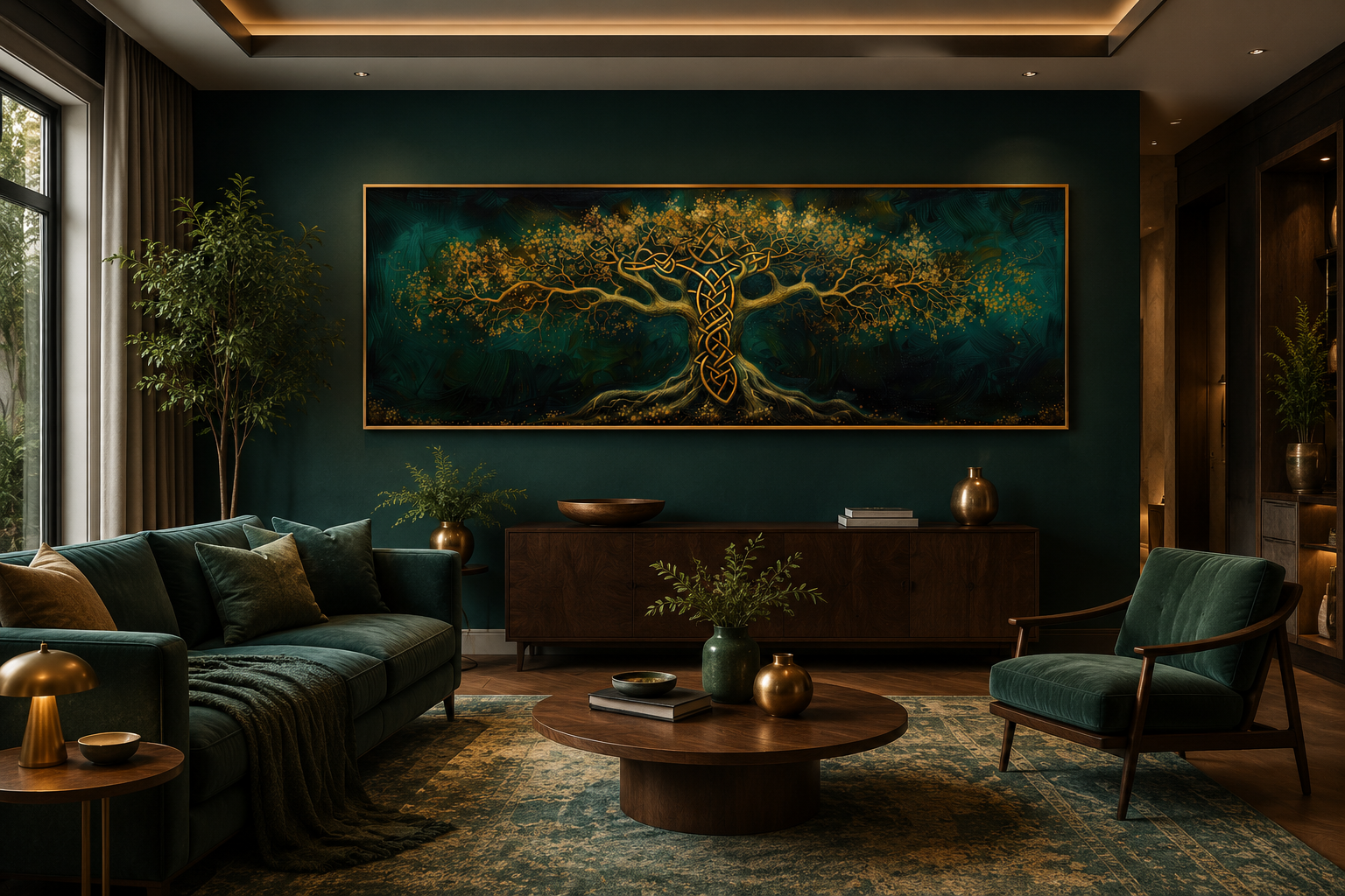 Emerald Green Gold Yggdrasil Tree Framed Canvas Wall Art
