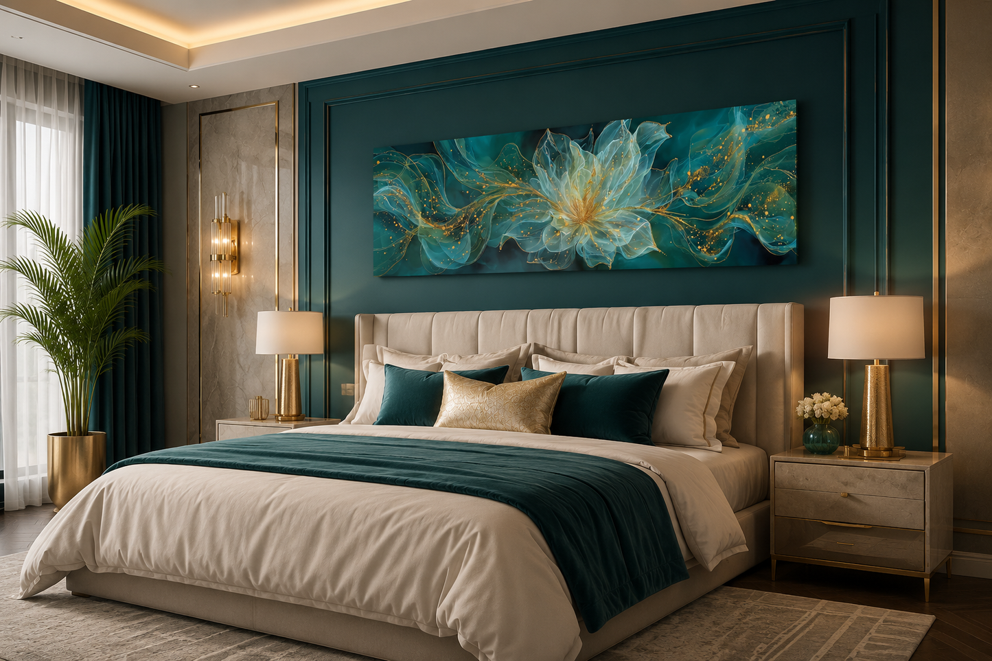Emerald Green Living Room Minimalist Flower Long Horizontal Wall Art