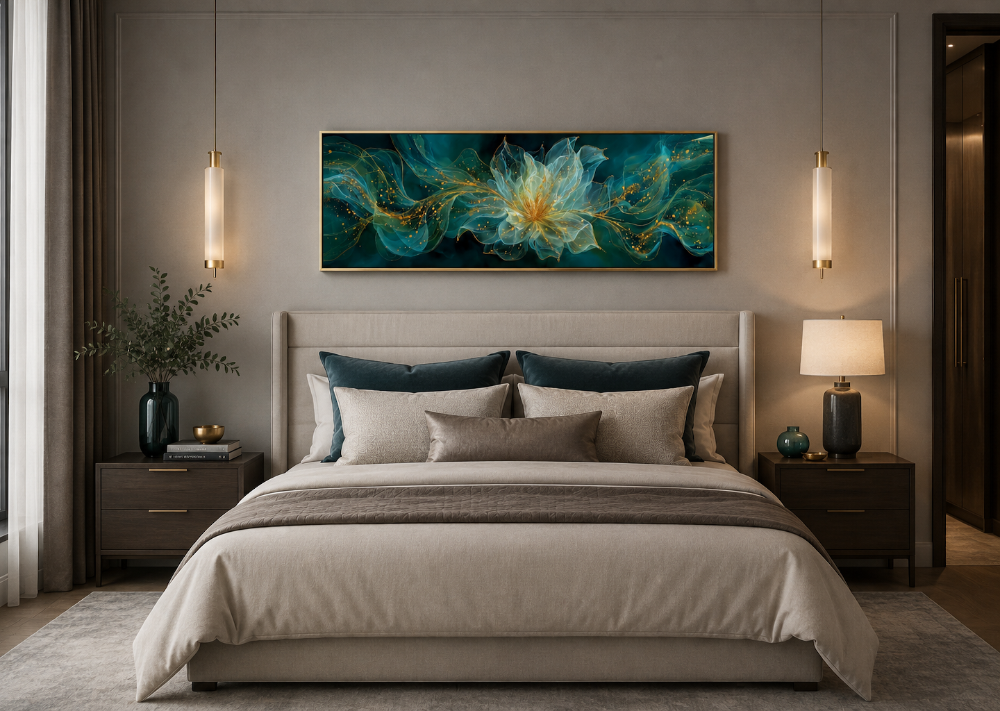Emerald Green Living Room Minimalist Flower Long Horizontal Wall Art