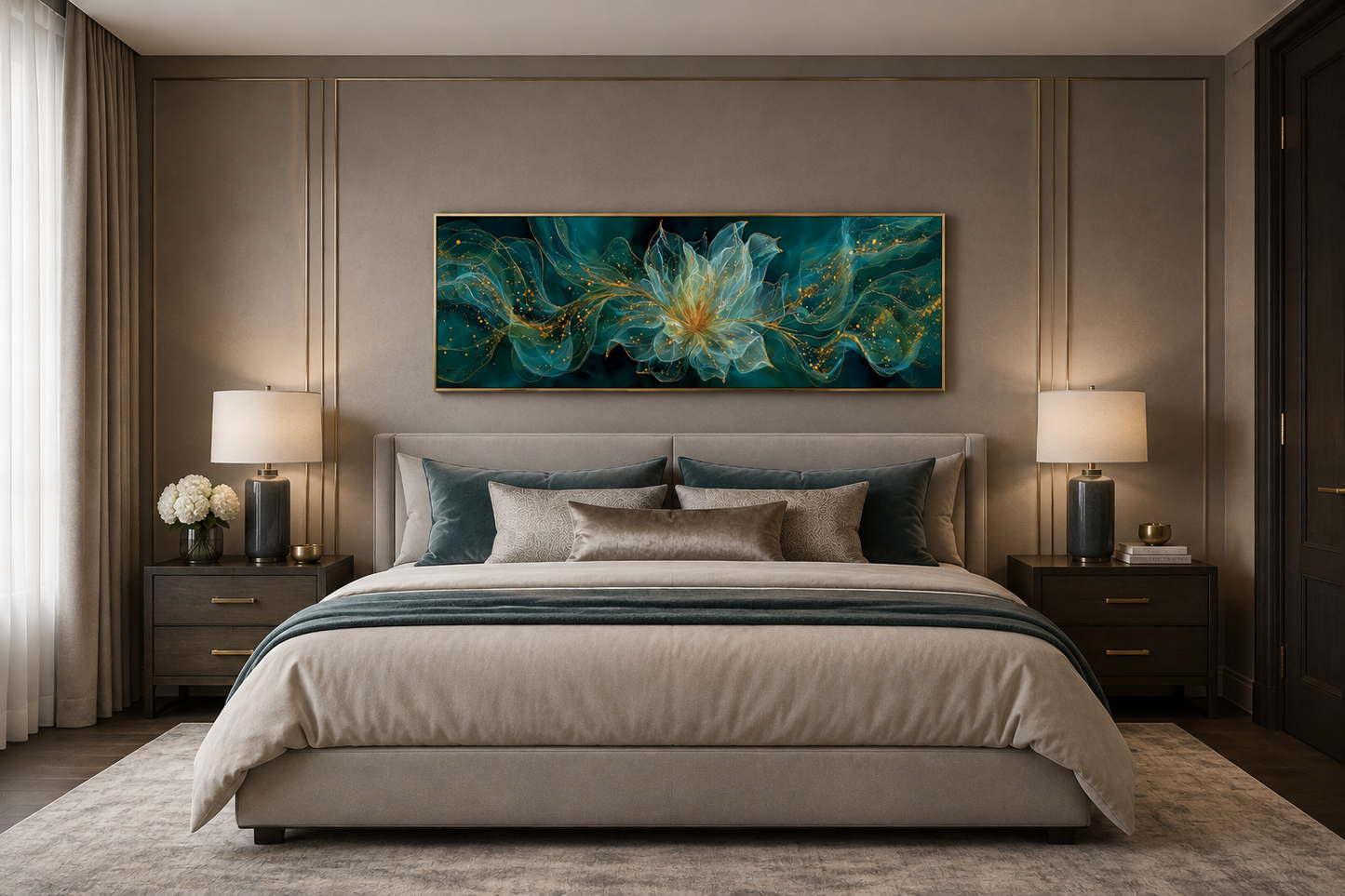 Emerald Green Living Room Minimalist Flower Long Horizontal Wall Art