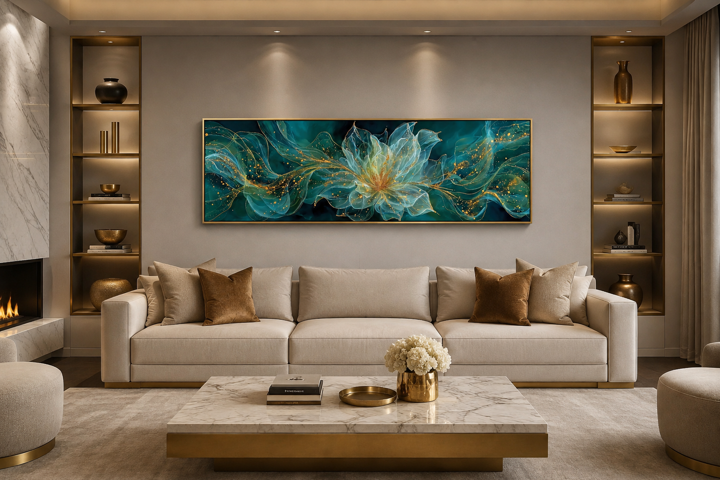 Emerald Green Living Room Minimalist Flower Long Horizontal Wall Art