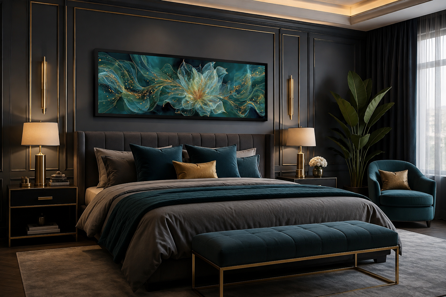 Emerald Green Living Room Minimalist Flower Long Horizontal Wall Art