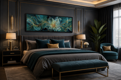 Emerald Green Living Room Minimalist Flower Long Horizontal Wall Art
