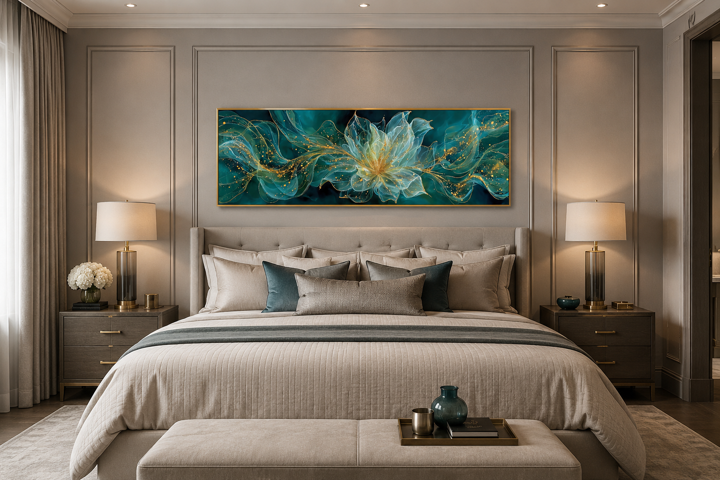 Emerald Green Living Room Minimalist Flower Long Horizontal Wall Art