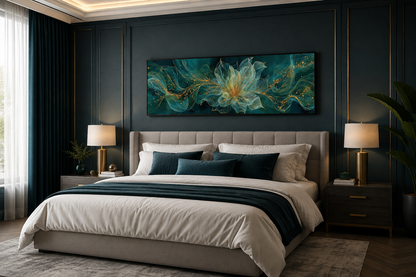 Emerald Green Living Room Minimalist Flower Long Horizontal Wall Art