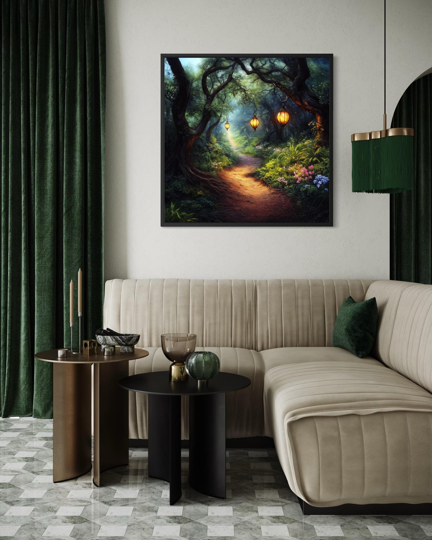 Enchanted Forest Wall Art – Glowing Lantern Woodland Fantasy Painting for Cozy Living Room