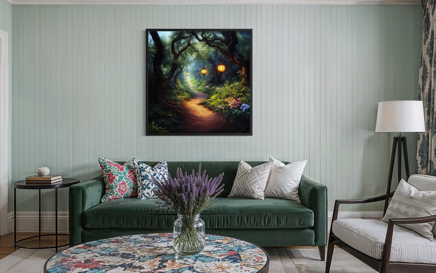 Enchanted Forest Wall Art – Glowing Lantern Woodland Fantasy Painting for Cozy Living Room