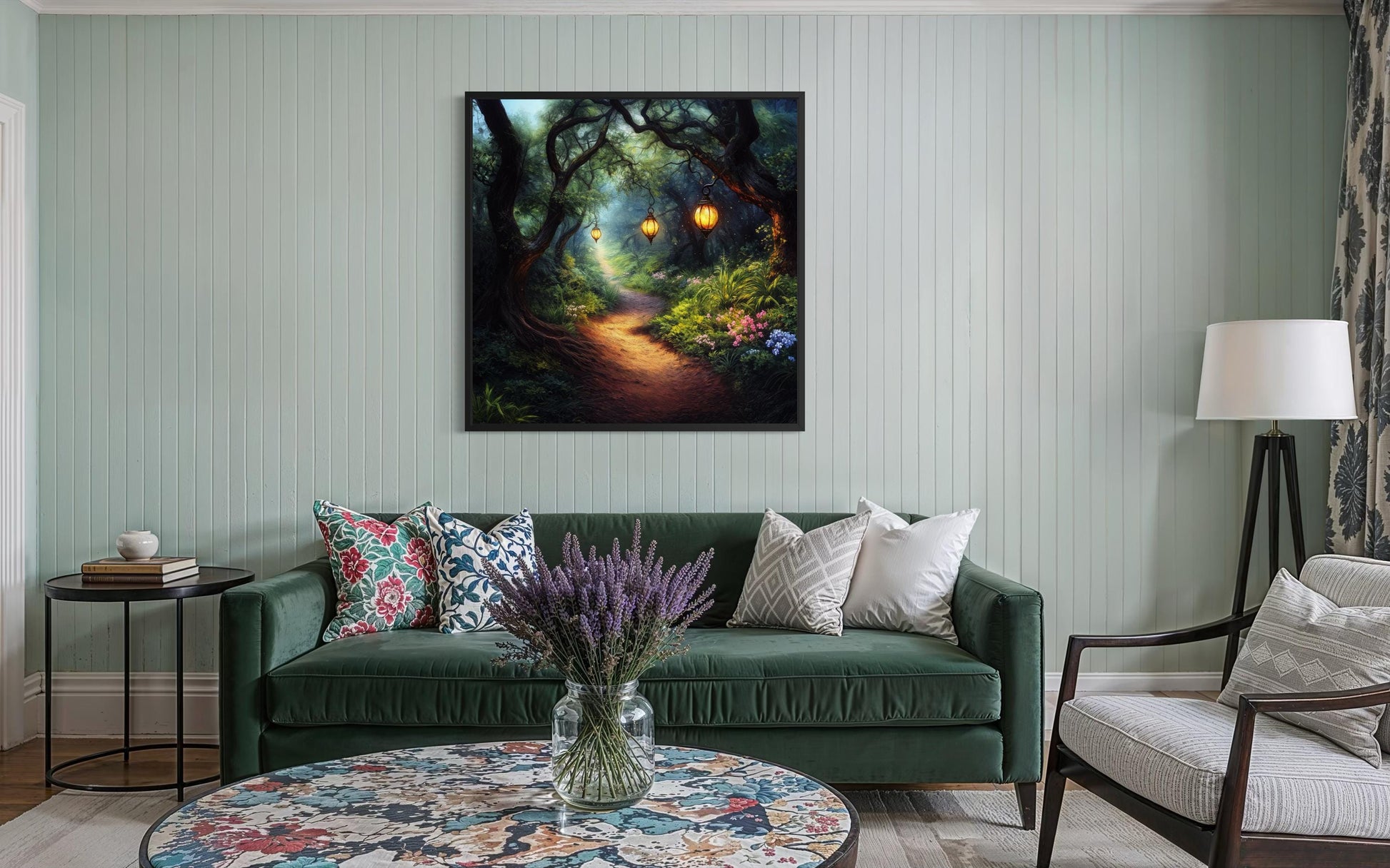 Enchanted Forest Wall Art – Glowing Lantern Woodland Fantasy Painting for Cozy Living Room