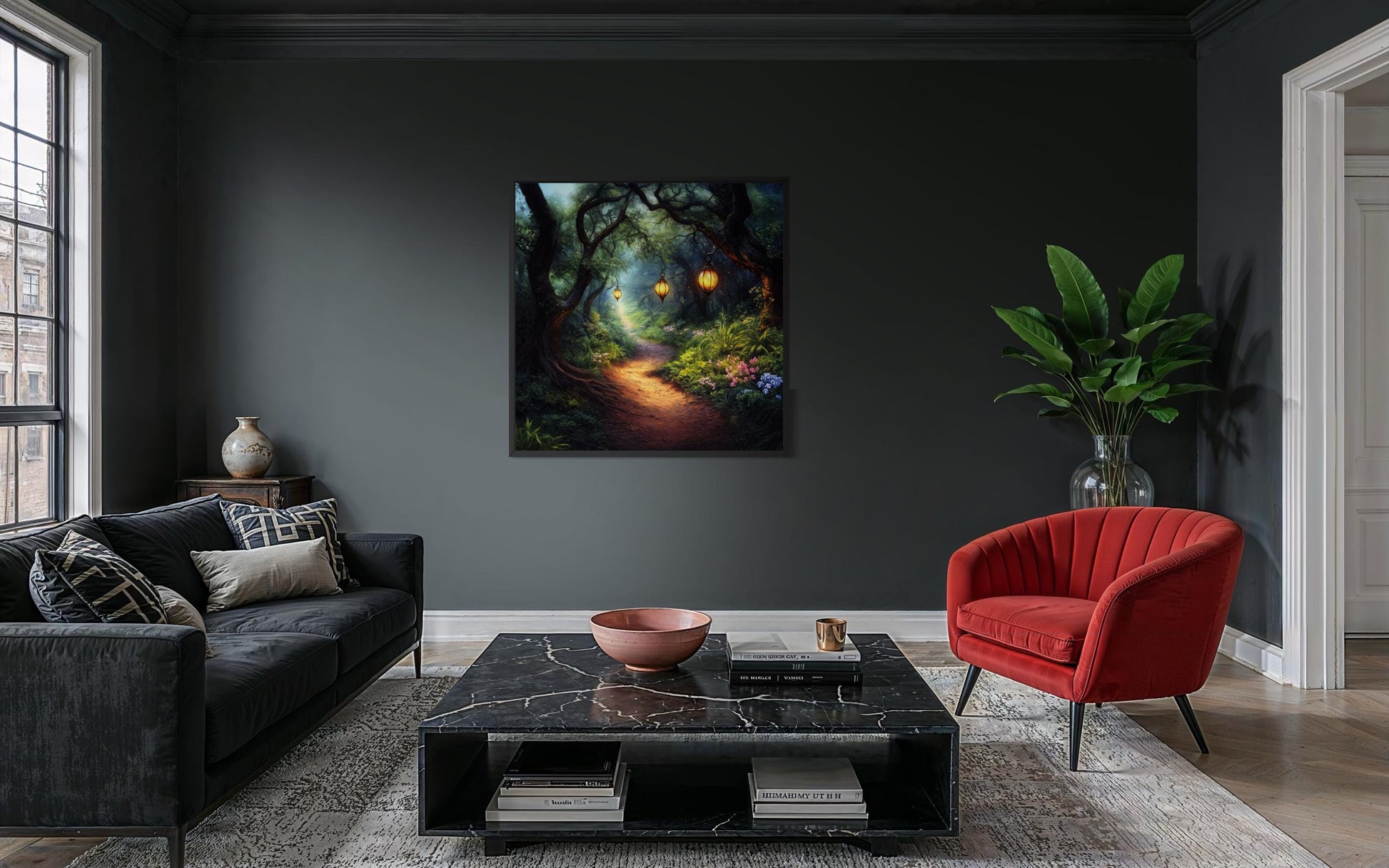 Enchanted Forest Wall Art – Glowing Lantern Woodland Fantasy Painting for Cozy Living Room