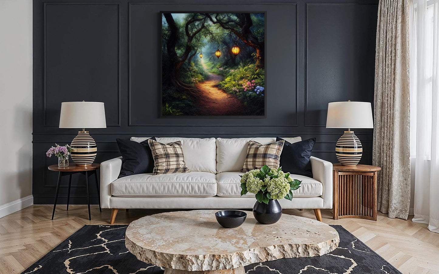 Enchanted Forest Wall Art – Glowing Lantern Woodland Fantasy Painting for Cozy Living Room