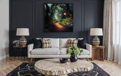 Enchanted Forest Wall Art – Glowing Lantern Woodland Fantasy Painting for Cozy Living Room