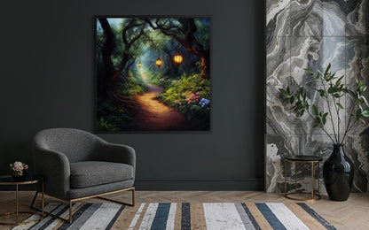 Enchanted Forest Wall Art – Glowing Lantern Woodland Fantasy Painting for Cozy Living Room