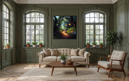 Enchanted Forest Wall Art – Glowing Lantern Woodland Fantasy Painting for Cozy Living Room