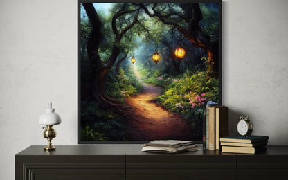 Enchanted Forest Wall Art – Glowing Lantern Woodland Fantasy Painting for Cozy Living Room