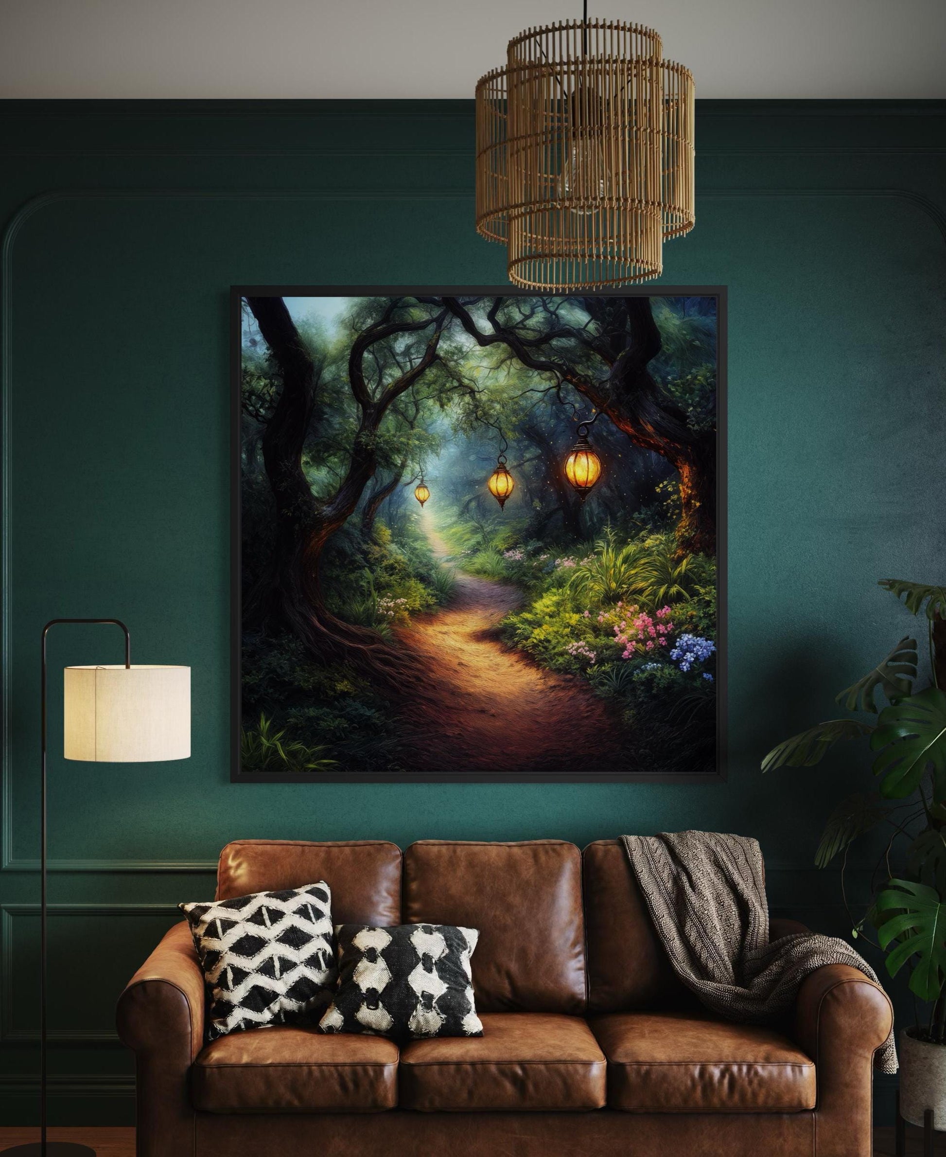 Enchanted Forest Wall Art – Glowing Lantern Woodland Fantasy Painting for Cozy Living Room