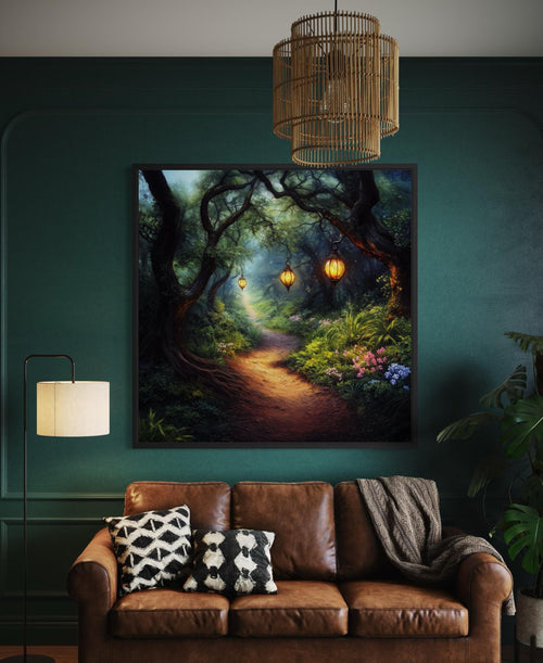 Enchanted Forest Wall Art – Glowing Lantern Woodland Fantasy Painting for Cozy Living Room
