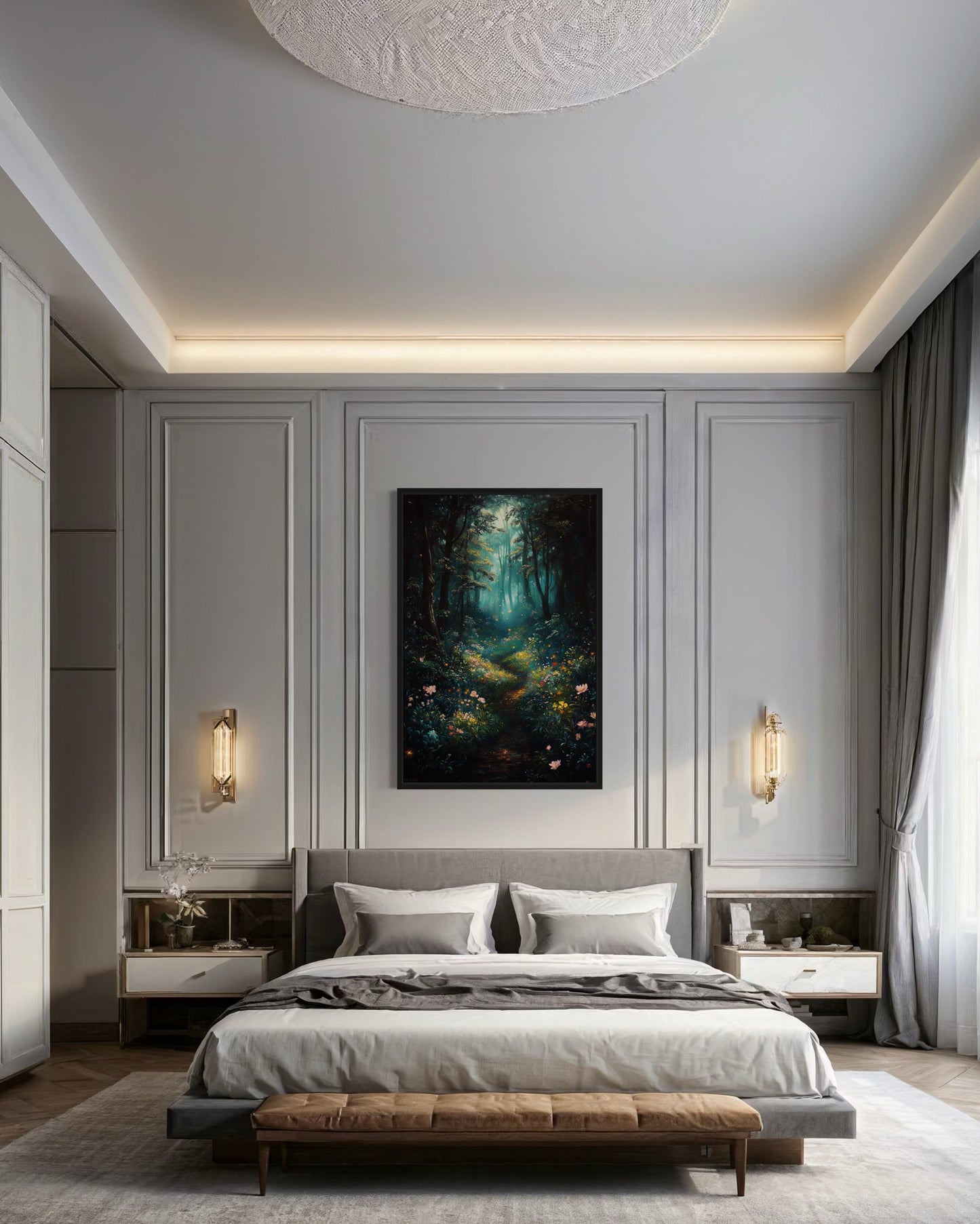 Enchanted Forest With Mystical Lights Framed Canvas Wall Art