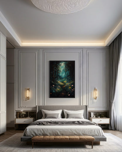 Enchanted Forest With Mystical Lights Framed Canvas Wall Art